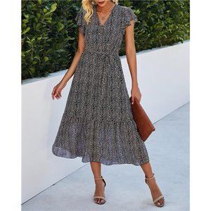 Women Summer Bohemian Floral Casual Wrap V Neck Midi Sun Dress
